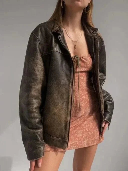 Thread Masters INC Women Oversized Distressed Brown Genuine Leather Jacket
