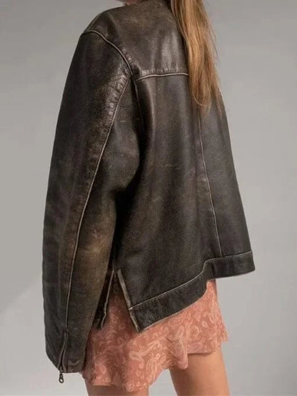 Thread Masters INC Women Oversized Distressed Brown Genuine Leather Jacket