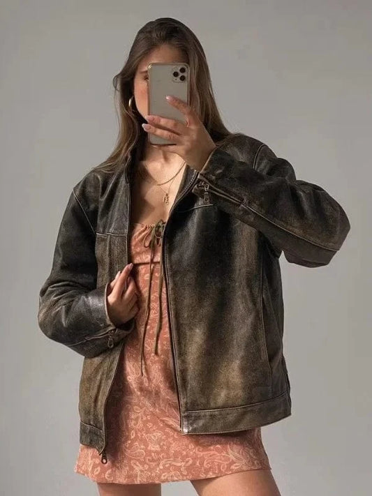 Thread Masters INC Women Oversized Distressed Brown Genuine Leather Jacket