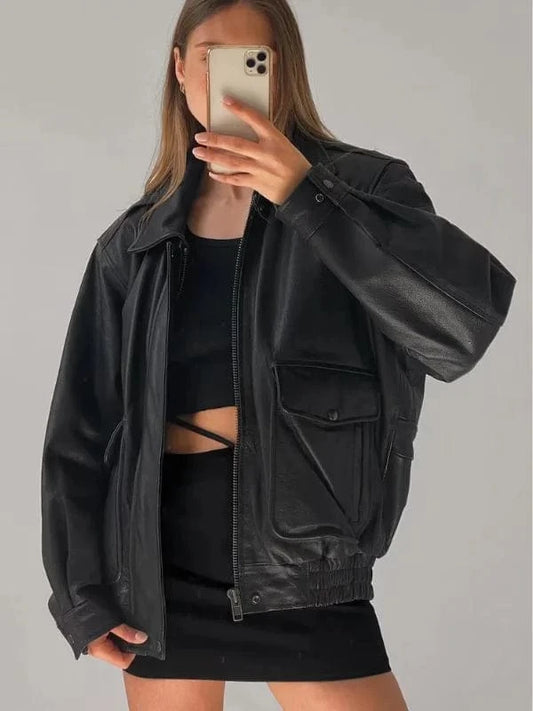 Thread Masters INC Women Oversized Retro Vintage Baggy Drapey Black Leather Jacket