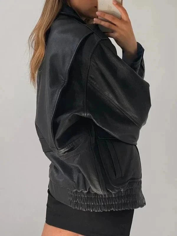Thread Masters INC Women Oversized Retro Vintage Baggy Drapey Black Leather Jacket