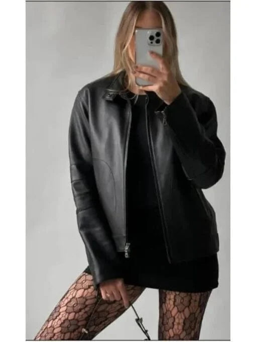 Thread Masters INC Women Oversized Vintage Reverse Zipper Moto Jacket