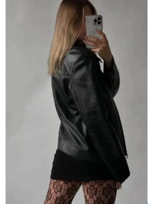 Thread Masters INC Women Oversized Vintage Reverse Zipper Moto Jacket
