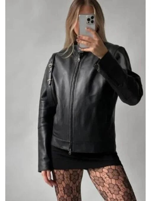 Thread Masters INC Women Oversized Vintage Reverse Zipper Moto Jacket