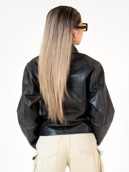 Thread Masters INC Women's 90s Vintage Distressed Dark Brown Leather Jacket