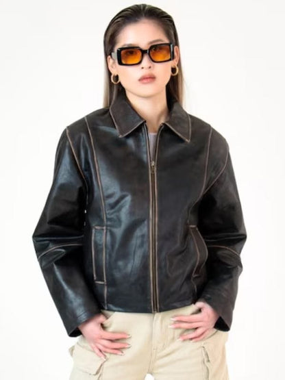 Thread Masters INC Women's 90s Vintage Distressed Dark Brown Leather Jacket