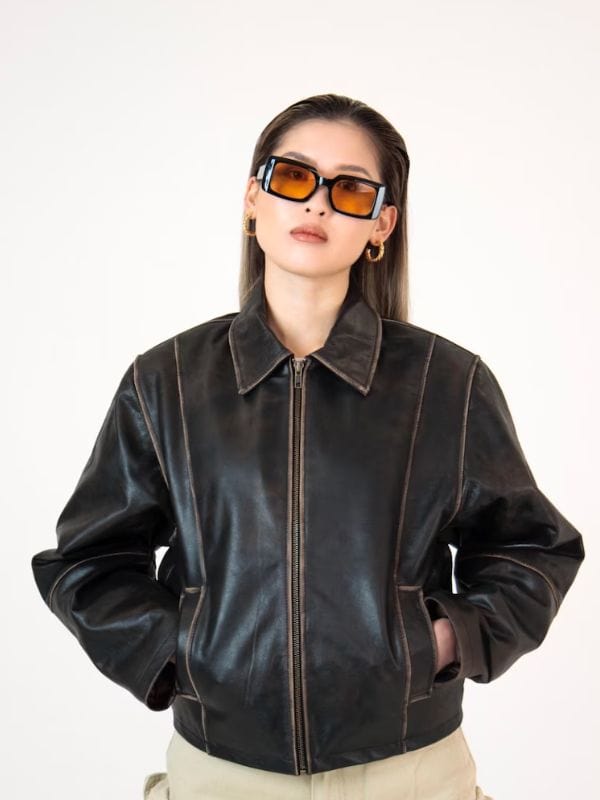 Thread Masters INC Women's 90s Vintage Distressed Dark Brown Leather Jacket