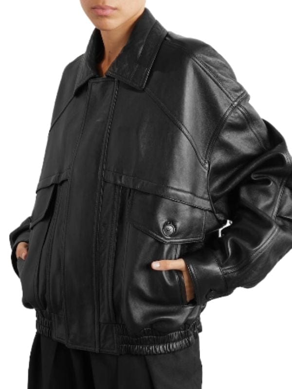 Thread Masters INC Women's 90s Vintage Oversized Black Leather Bomber Jacket