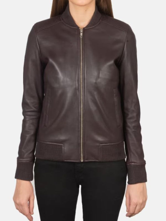 Women's Bliss Maroon Leather Bomber Jacket - Sale Now