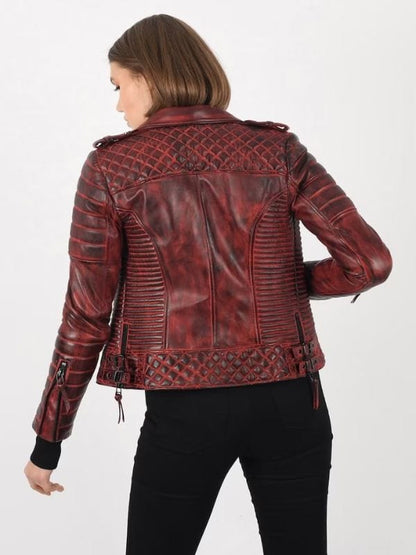 Thread Masters INC Women’s Burnt Red Biker lambskin Leather Jacket