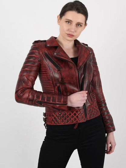 Thread Masters INC Women’s Burnt Red Biker lambskin Leather Jacket
