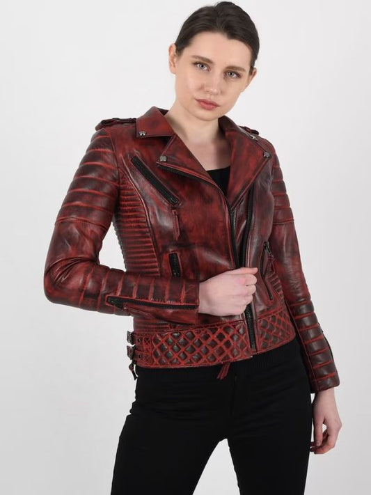 Women’s Burnt Red Biker lambskin Leather Jacket - Sale
