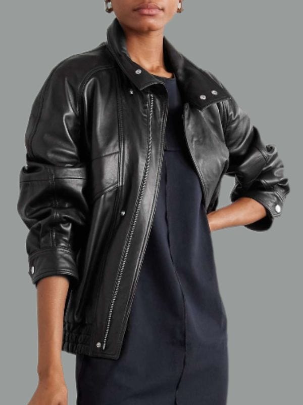 Thread Masters INC Women's Chic & Comfortable Oversized Black Leather Bomber Jacket