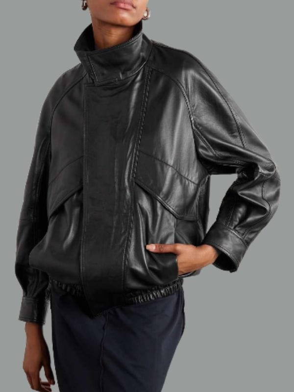 Thread Masters INC Women's Chic & Comfortable Oversized Black Leather Bomber Jacket