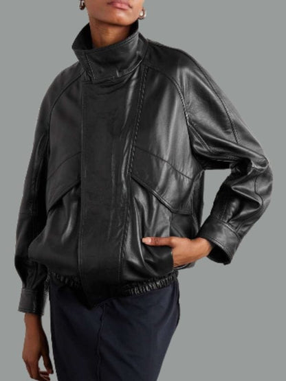 Thread Masters INC Women's Chic & Comfortable Oversized Black Leather Bomber Jacket