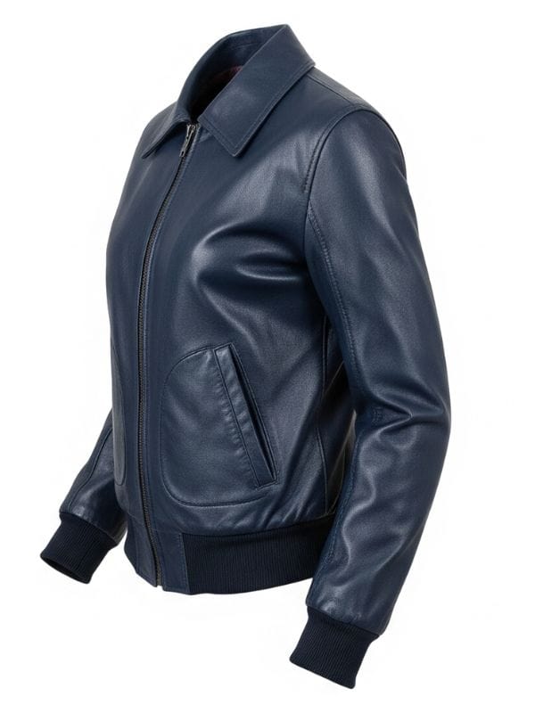 Thread Masters INC Women's Classic Navy Blue Leather Bomber Jacket