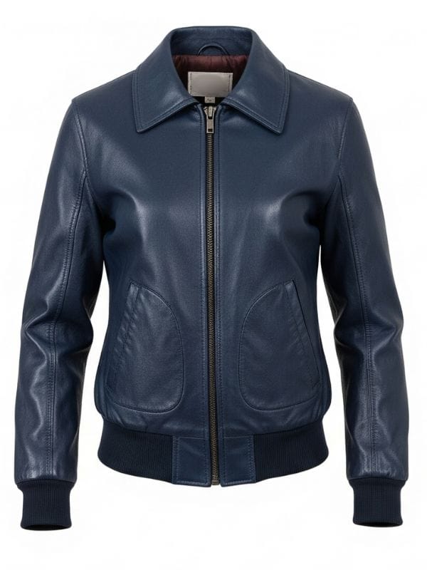 Thread Masters INC Women's Classic Navy Blue Leather Bomber Jacket