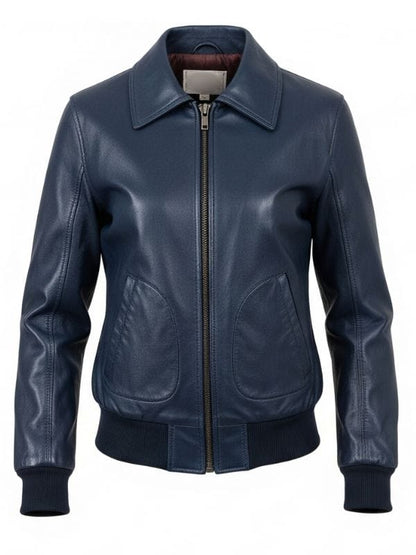 Thread Masters INC Women's Classic Navy Blue Leather Bomber Jacket