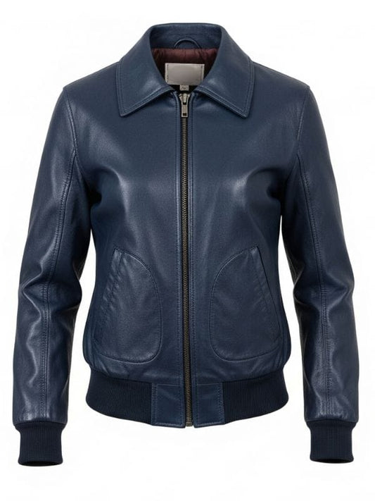 Thread Masters INC Women's Classic Navy Blue Leather Bomber Jacket