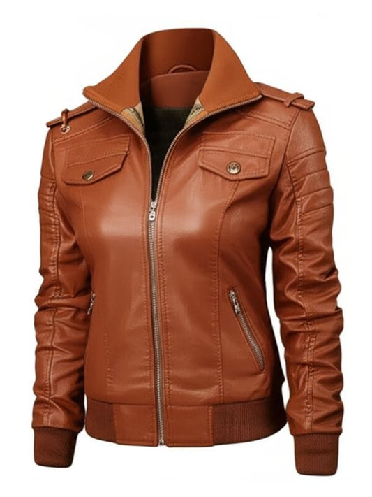 Thread Masters INC Women's Cognac Brown Leather Bomber Jacket