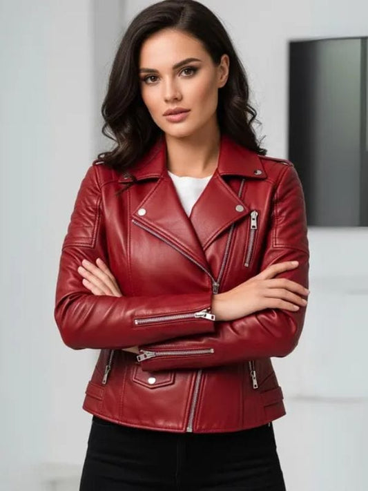Thread Masters INC Women's Handcrafted Quilted Red Leather Biker Jacket