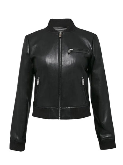 Thread Masters INC Women's Handmade Black Leather Bomber Jacket