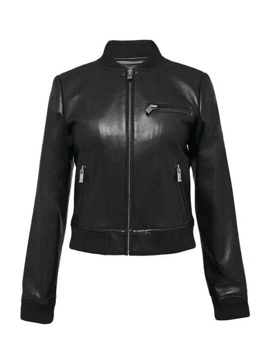 Thread Masters INC Women's Handmade Black Leather Bomber Jacket