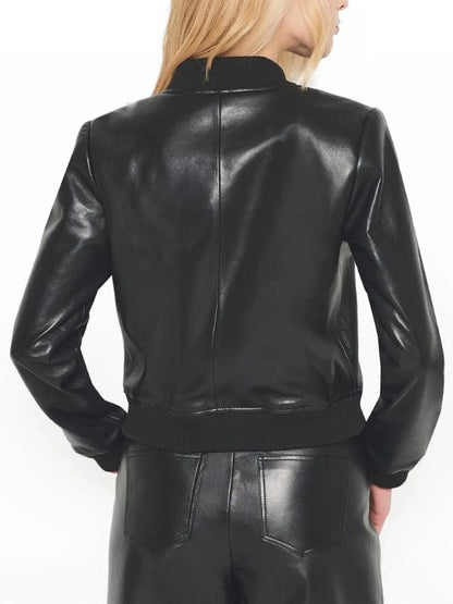 Thread Masters INC Women's Handmade Black Leather Bomber Jacket
