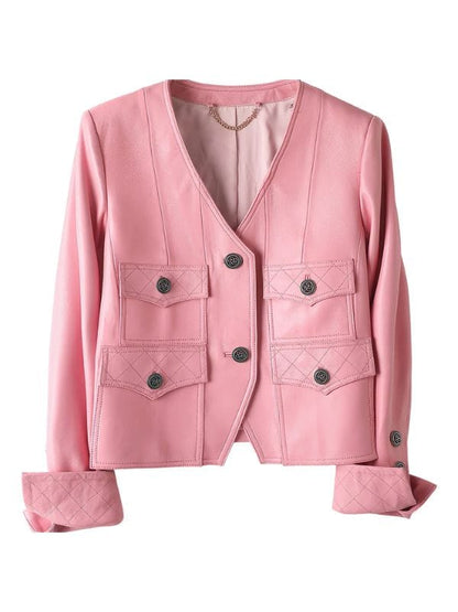 Thread Masters INC Women’s Lady Cropped Pink Leather Jacket