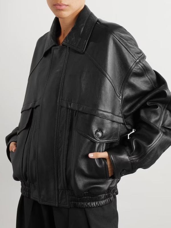 Thread Masters INC Women's Oversized 90s Black Leather Bomber Jacket