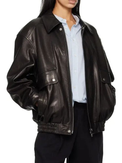 Thread Masters INC Women's Oversized Grained Lambskin Black Leather Jacket