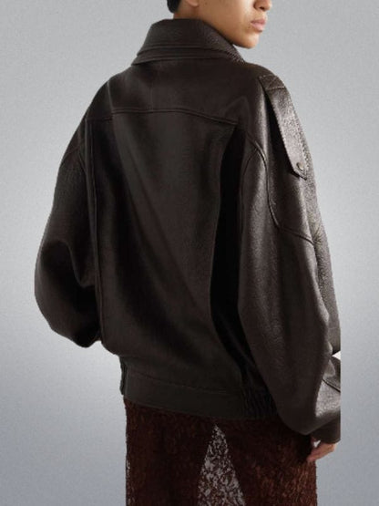Thread Masters INC Women's Oversized Textured Brown Leather Bomber Jacket