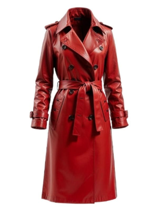 Thread Masters INC Women's Premium Full-Length Red Leather Trench Coat