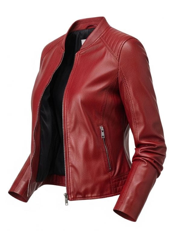 Thread Masters INC Women's Red Quilted Shoulder Leather Bomber Jacket