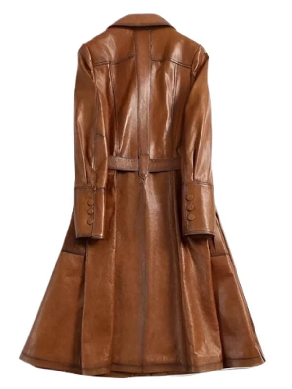 Thread Masters INC Women's Stylish Belted Tan Brown Leather Trench Coat