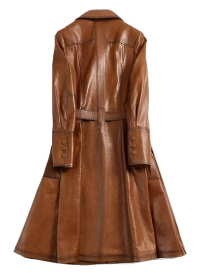 Thread Masters INC Women's Stylish Belted Tan Brown Leather Trench Coat