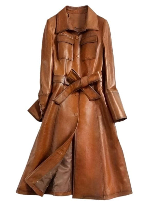 Thread Masters INC Women's Stylish Belted Tan Brown Leather Trench Coat