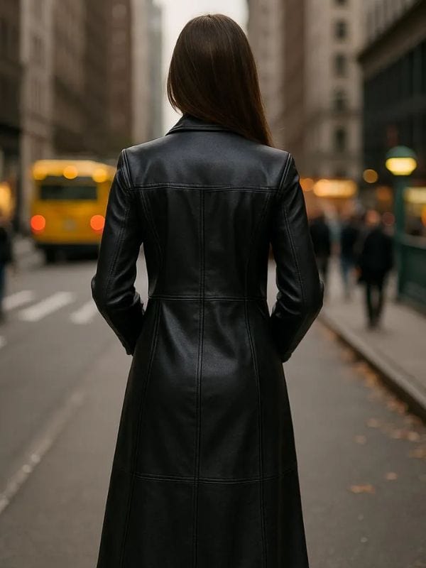 Thread Masters INC Women's Stylish Full Length Black Leather Trench Coat