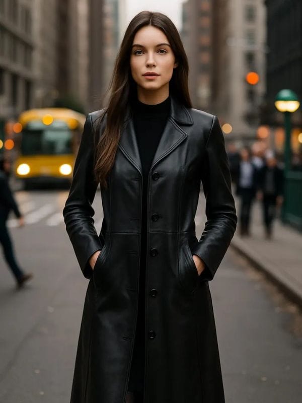 Thread Masters INC Women's Stylish Full Length Black Leather Trench Coat