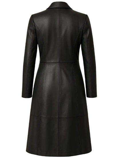 Thread Masters INC Women's Stylish Full Length Black Leather Trench Coat