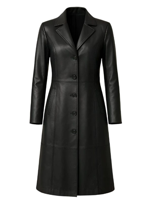 Thread Masters INC Women's Stylish Full Length Black Leather Trench Coat