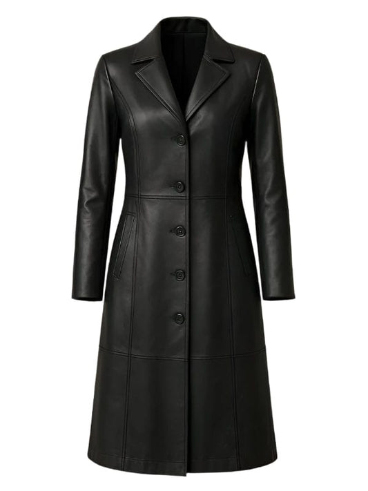Thread Masters INC Women's Stylish Full Length Black Leather Trench Coat