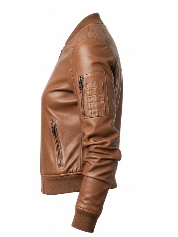 Thread Masters INC Women's Stylish Light Brown Leather Bomber Jacket