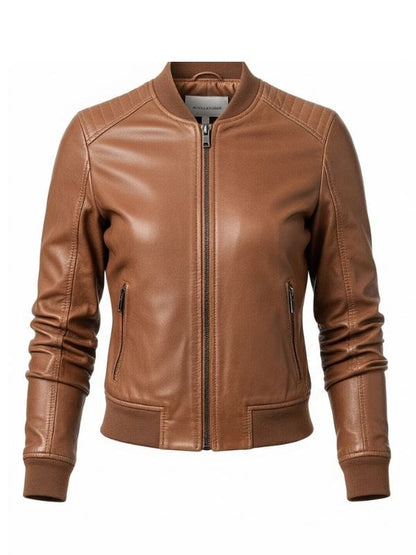 Thread Masters INC Women's Stylish Light Brown Leather Bomber Jacket