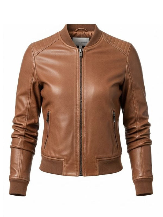 Thread Masters INC Women's Stylish Light Brown Leather Bomber Jacket