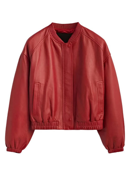 Thread Masters INC Women's Versatile Red Leather Bomber Jacket
