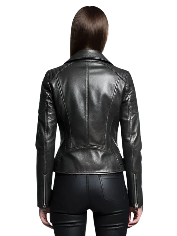 Thread Masters INC Women's Vintage Quilted Sleeves Black Leather Biker Jacket