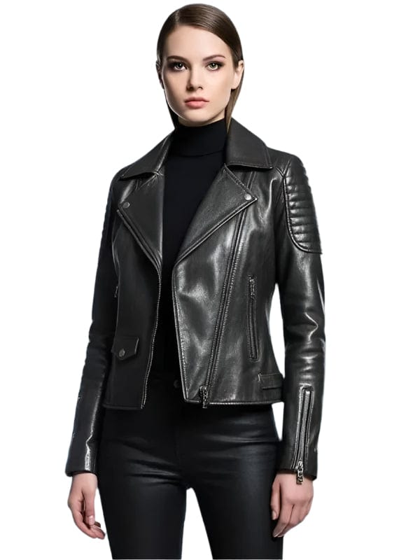 Thread Masters INC Women's Vintage Quilted Sleeves Black Leather Biker Jacket