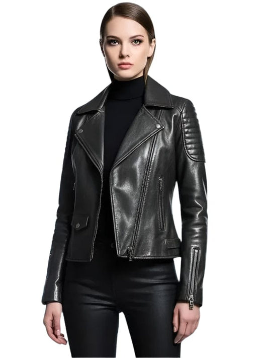 Thread Masters INC Women's Vintage Quilted Sleeves Black Leather Biker Jacket