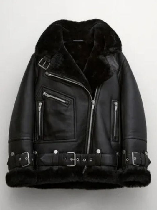 Thread Masters INC Women Sherpa Leather Black B-3 Bomber Jacket